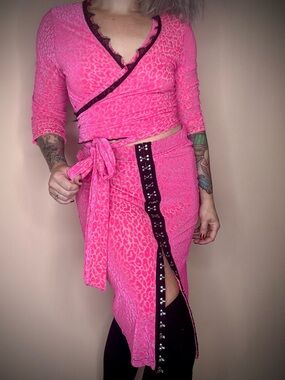 Hot Pink Leopard Black Lace Wrap Skirt Set Small
